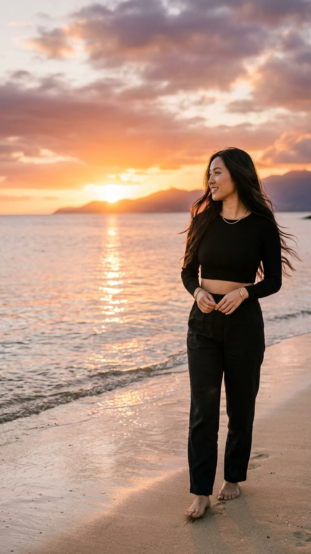 Lifestyle photograph of an adult creator at golden-hour beach sunset
